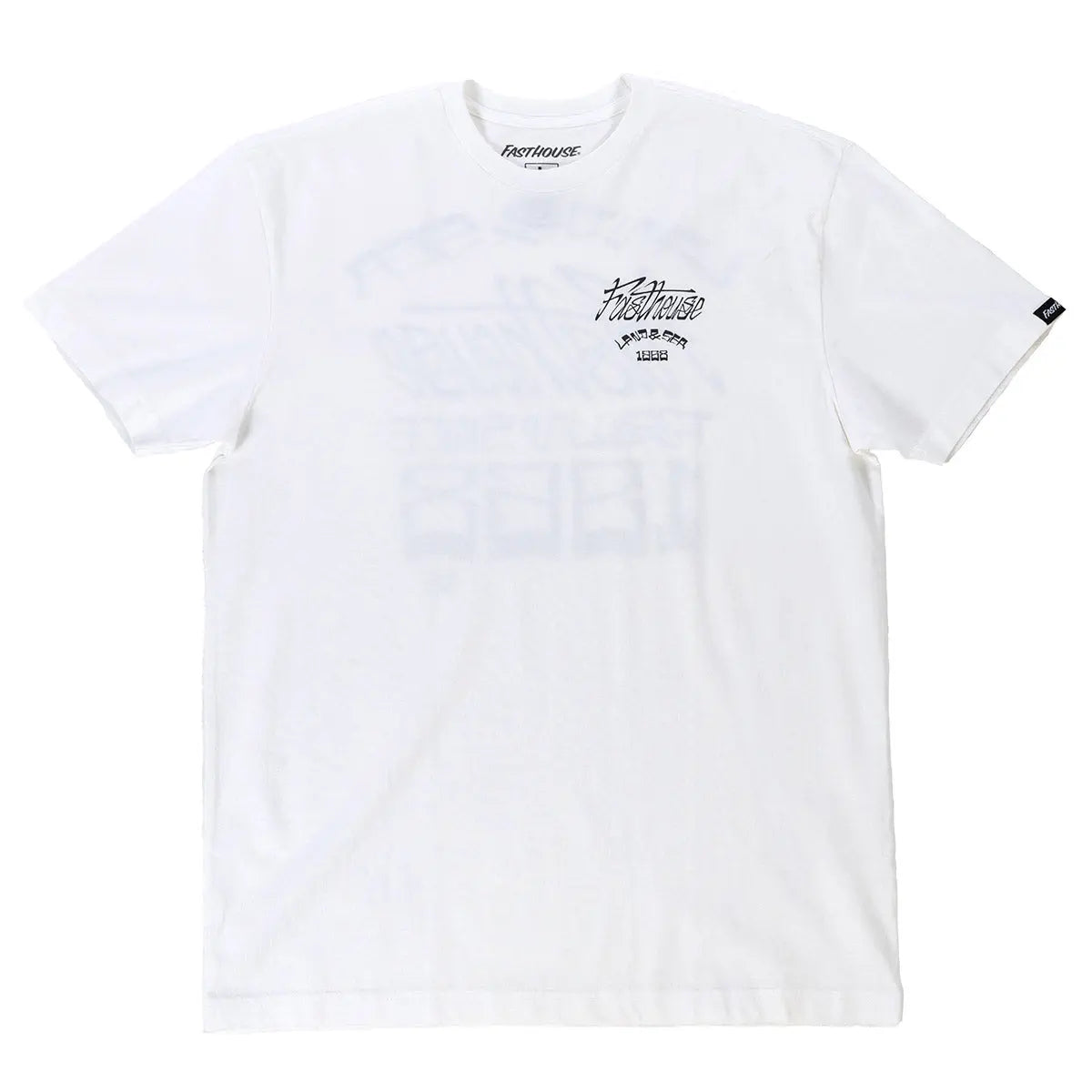 Close-up of Horizon Black Tee showing White tee with small black script graphic and text on chest, small woven label on