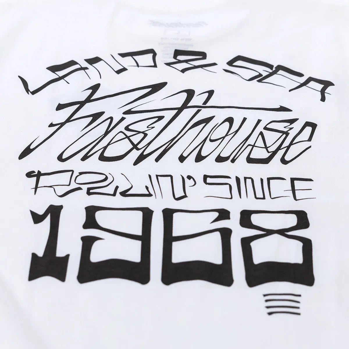 Close-up of Horizon Black Tee showing Black ink print detail showing layered text and script typography on white fabric,