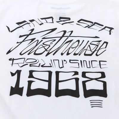 Close-up of Horizon Black Tee showing Black ink print detail showing layered text and script typography on white fabric,