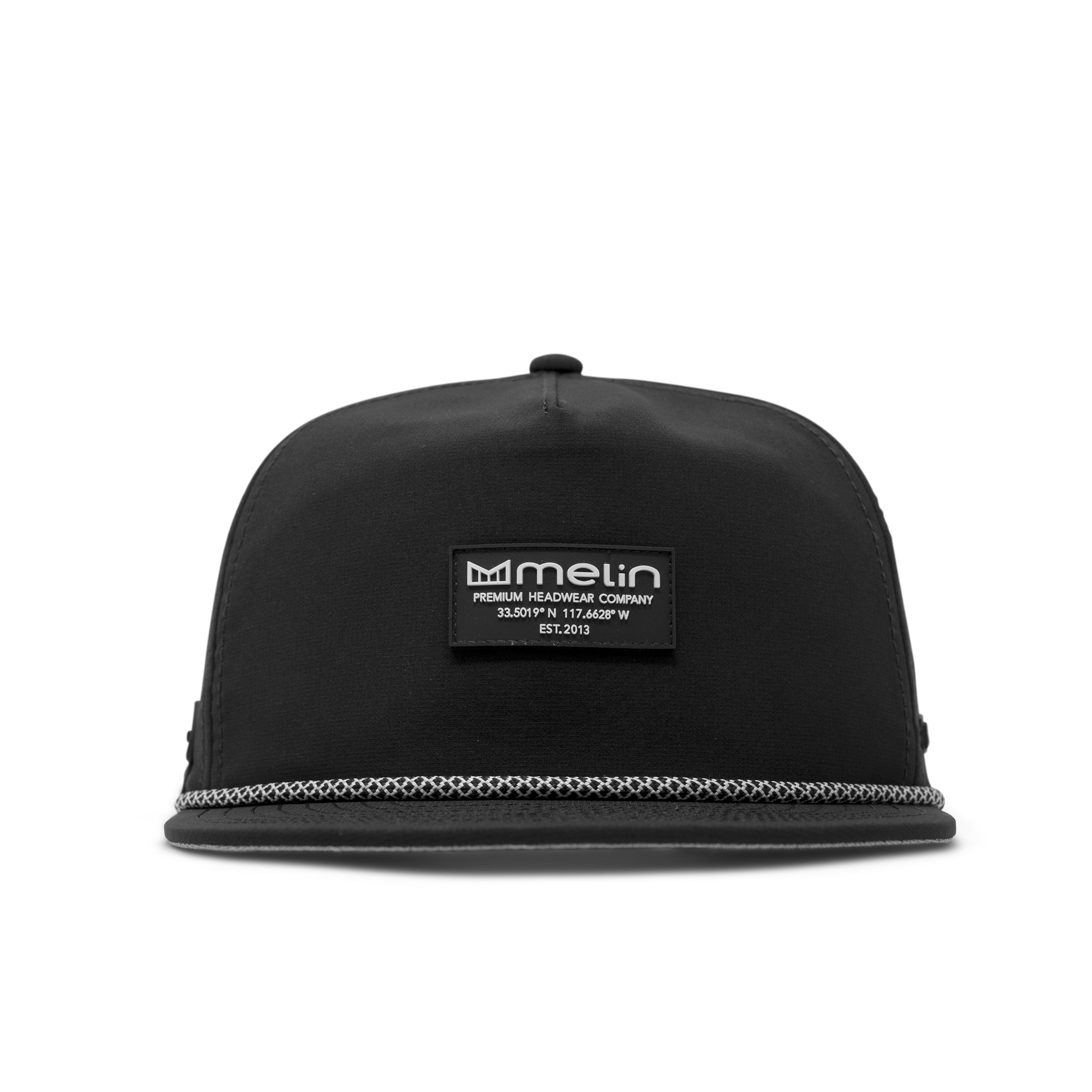 Back of Hydro Coronado Brick Black Hat, Black cap with woven rope trim along bill and rectangular patch label centered on