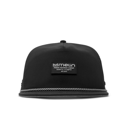 Back of Hydro Coronado Brick Black Hat, Black cap with woven rope trim along bill and rectangular patch label centered on