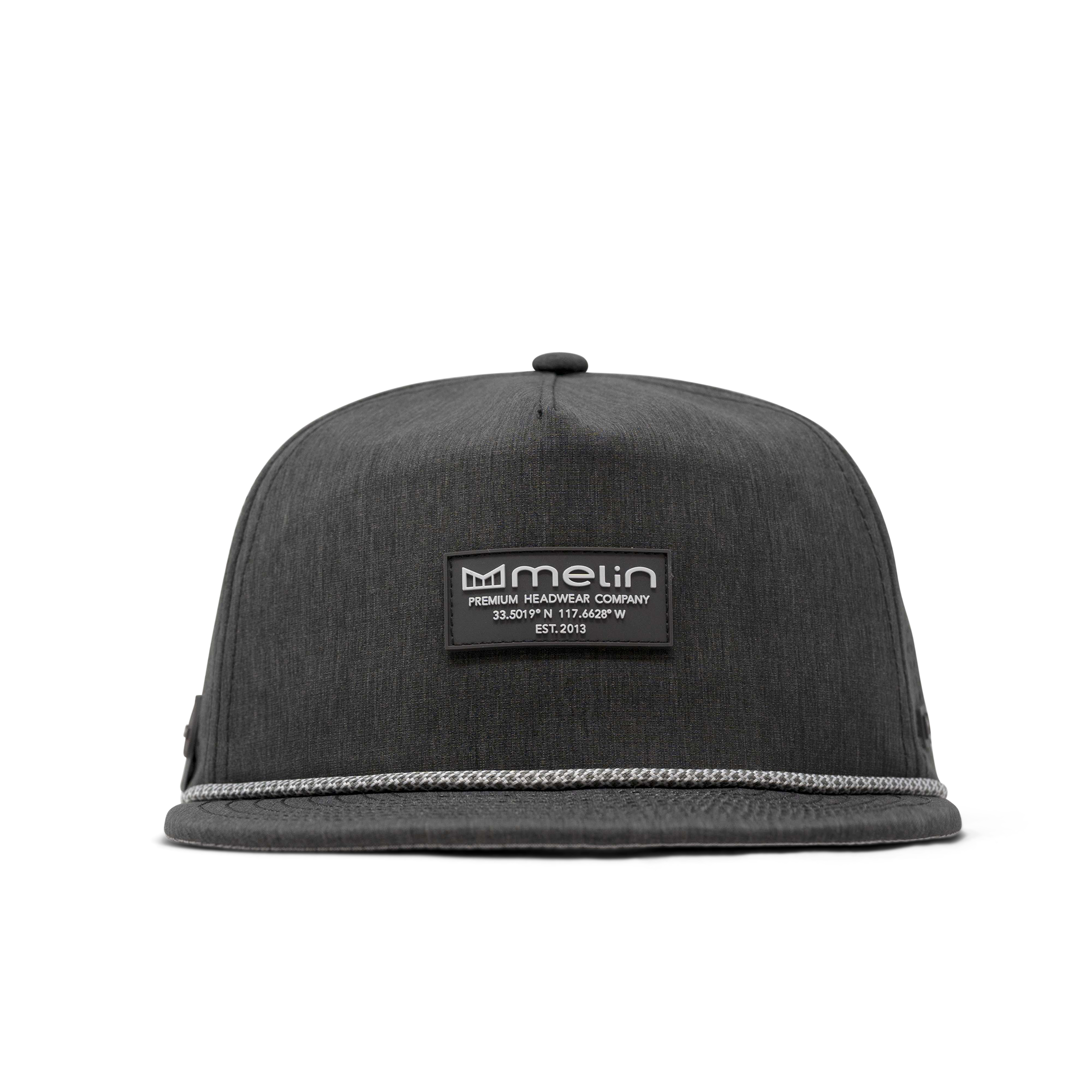 Close-up of Hydro Coronado Brick Black Hat showing Black woven fabric with white rope trim along brim, black rubber patch