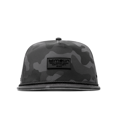 Close-up of Hydro Coronado Brick Black Hat showing Gray camouflage print with black woven label and rope trim detail on brim