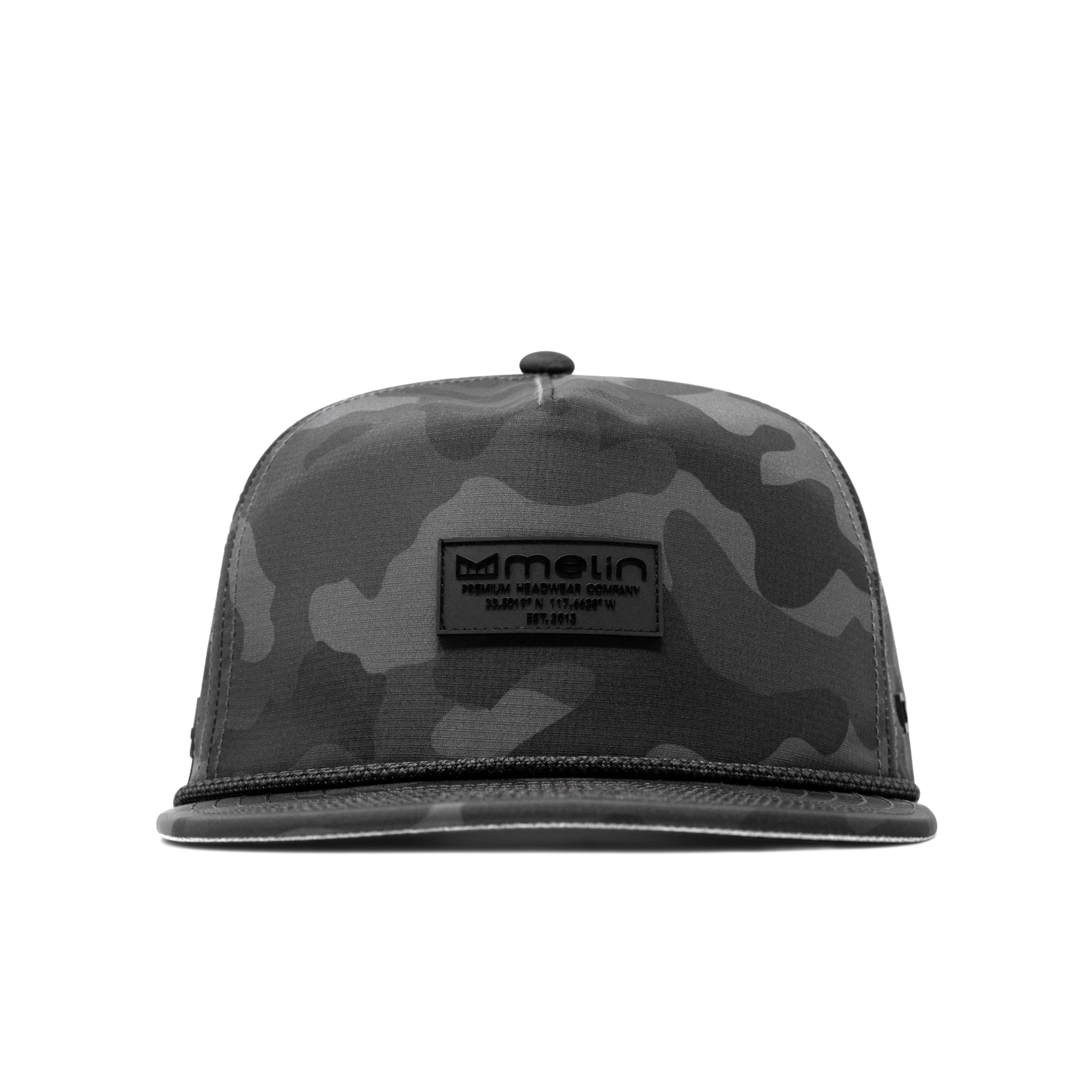 Close-up of Hydro Coronado Brick Black Hat showing Gray camouflage print with black woven label and rope trim detail on brim