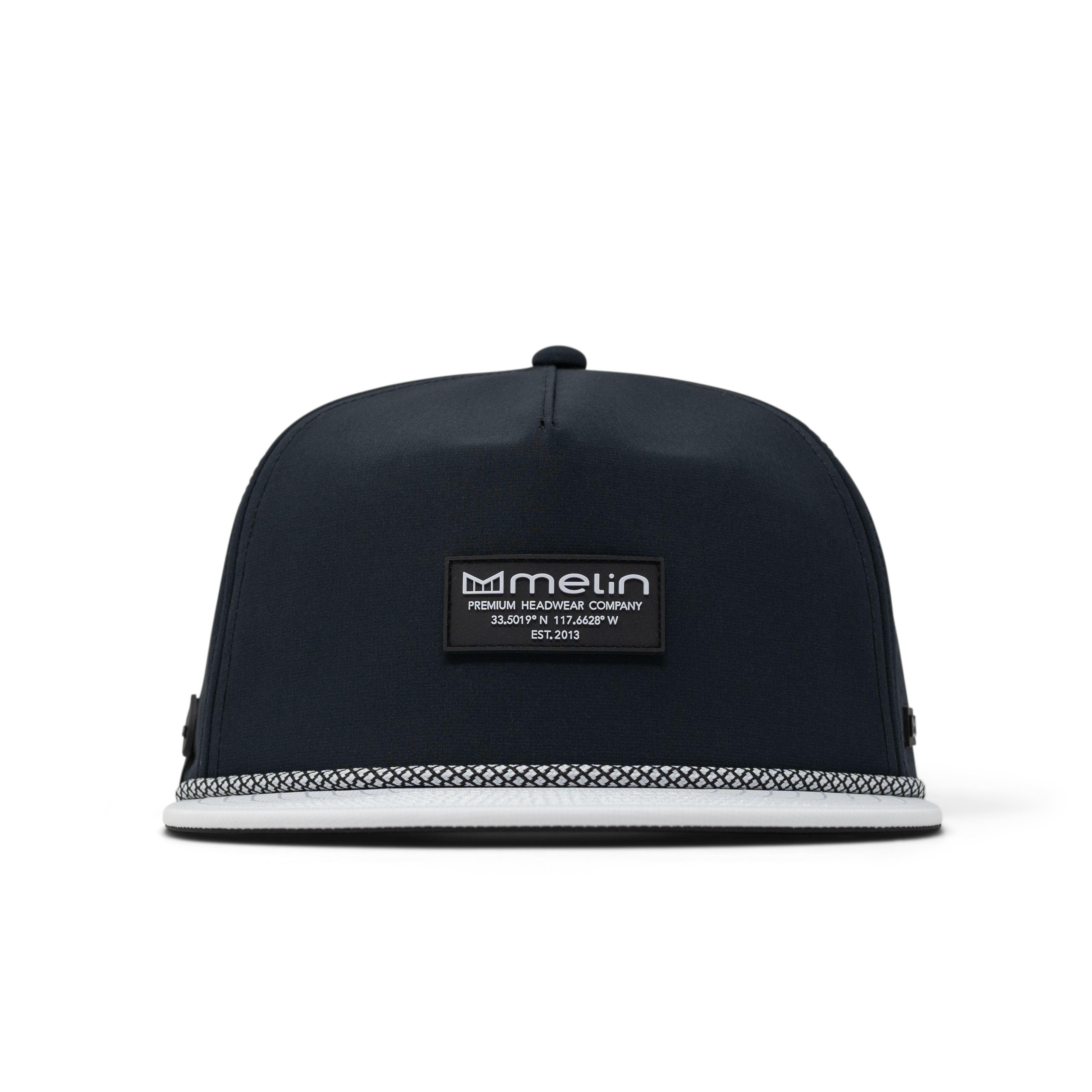 Close-up of Hydro Coronado Brick Black Hat showing Black cap with woven checkerboard pattern trim and white rope banding on