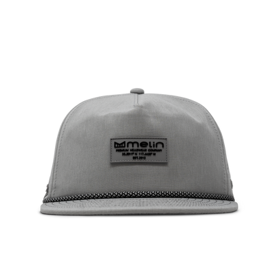 Close-up of Hydro Coronado Brick Black Hat showing Gray cap with woven rope trim along bill, front label patch with text and