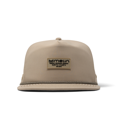 Close-up of Hydro Coronado Brick Black Hat showing Cream structured snapback with woven rope detail on bill and tan