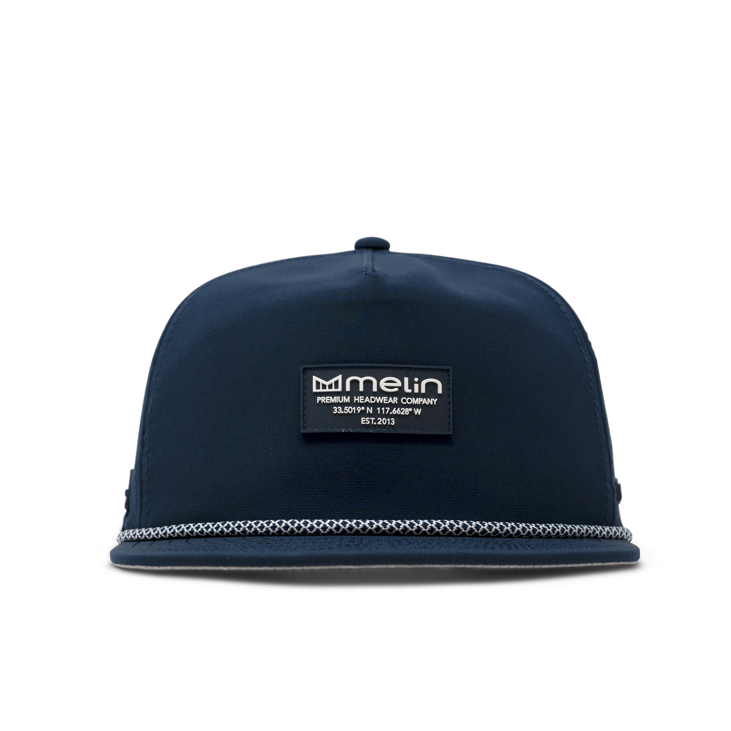 Close-up of Hydro Coronado Brick Black Hat showing Navy six-panel cap with white rope trim along bill and black woven label