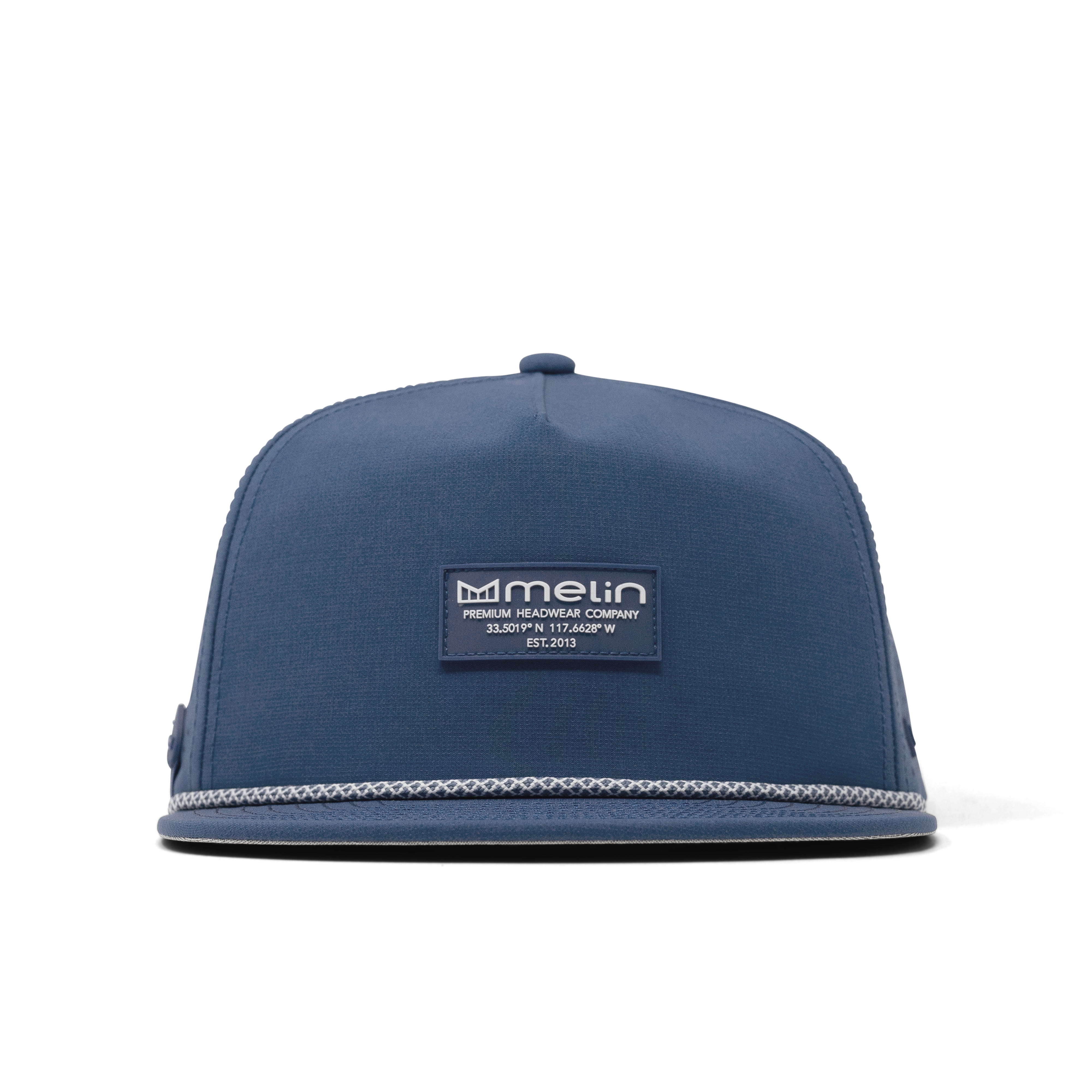 Close-up of Hydro Coronado Brick Black Hat showing Slate blue snapback with woven rope trim along bill, embroidered brand