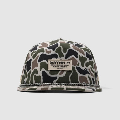 Close-up of Hydro Coronado Brick Black Hat showing Camouflage pattern in black, olive, and tan with cream rope trim along