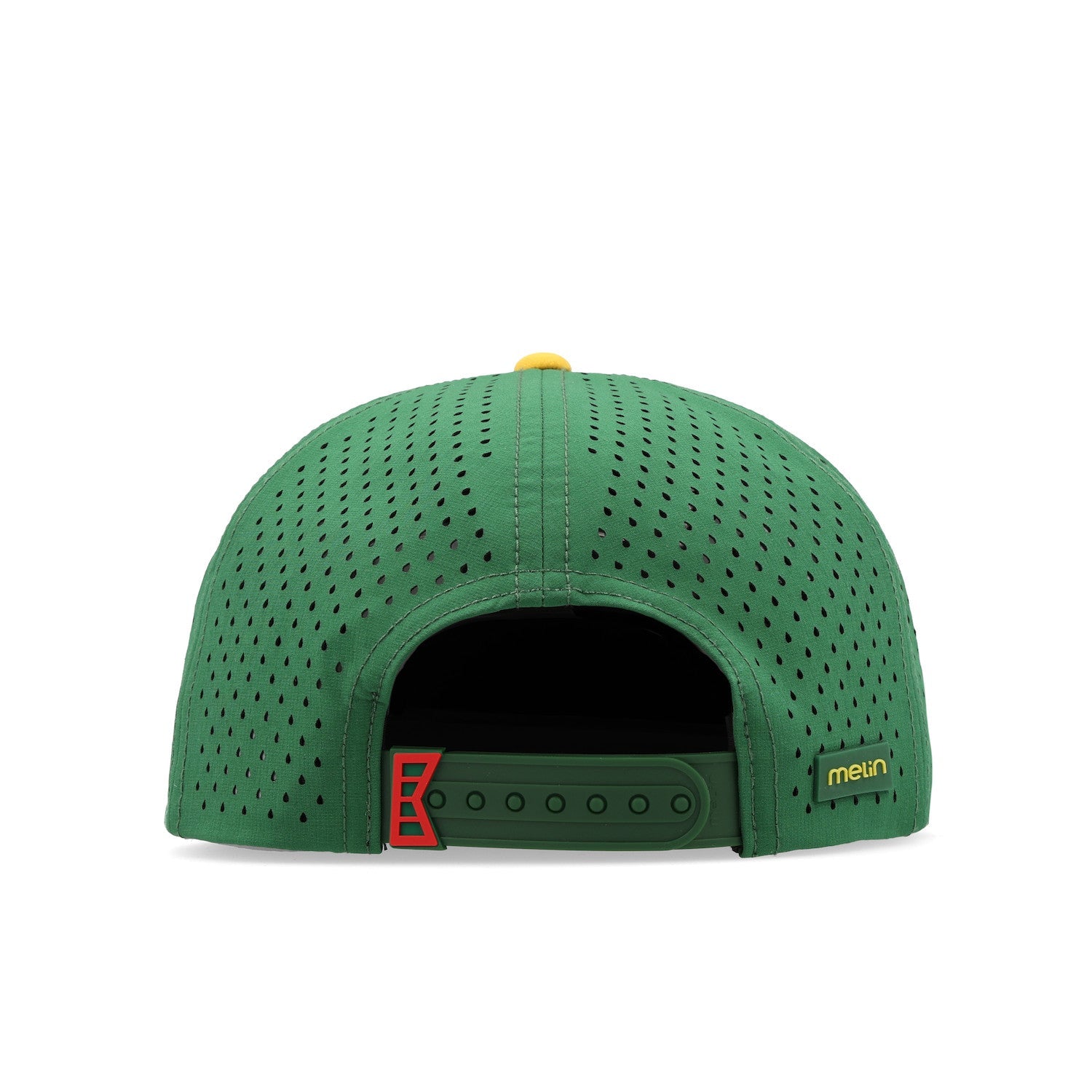 Close-up of Hydro Coronado Links Fairway Green Hat showing Green perforated mesh crown with yellow top button and red curved