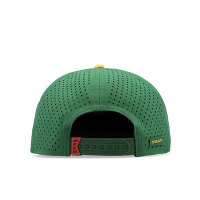 Close-up of Hydro Coronado Links Fairway Green Hat showing Green perforated mesh crown with yellow top button and red curved