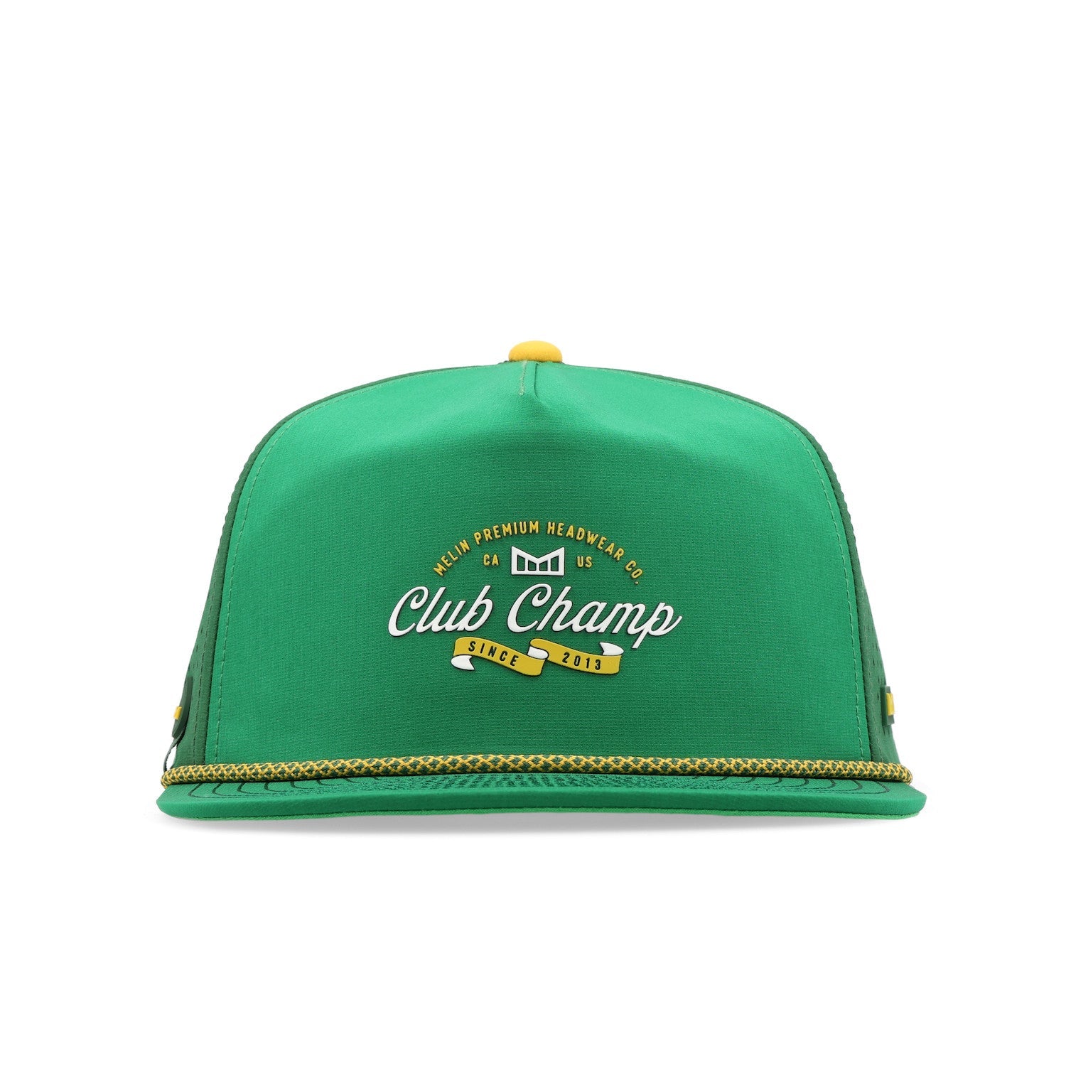 Hydro Coronado Links Fairway front view, Green with white and yellow embroidered text reading Club Champ, yellow rope trim