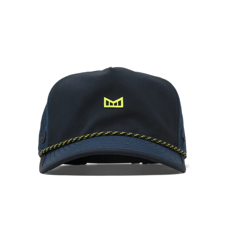Hydro Odyssey MPH front view, Black crown with small neon yellow geometric logo, navy visor and yellow rope trim detail,
