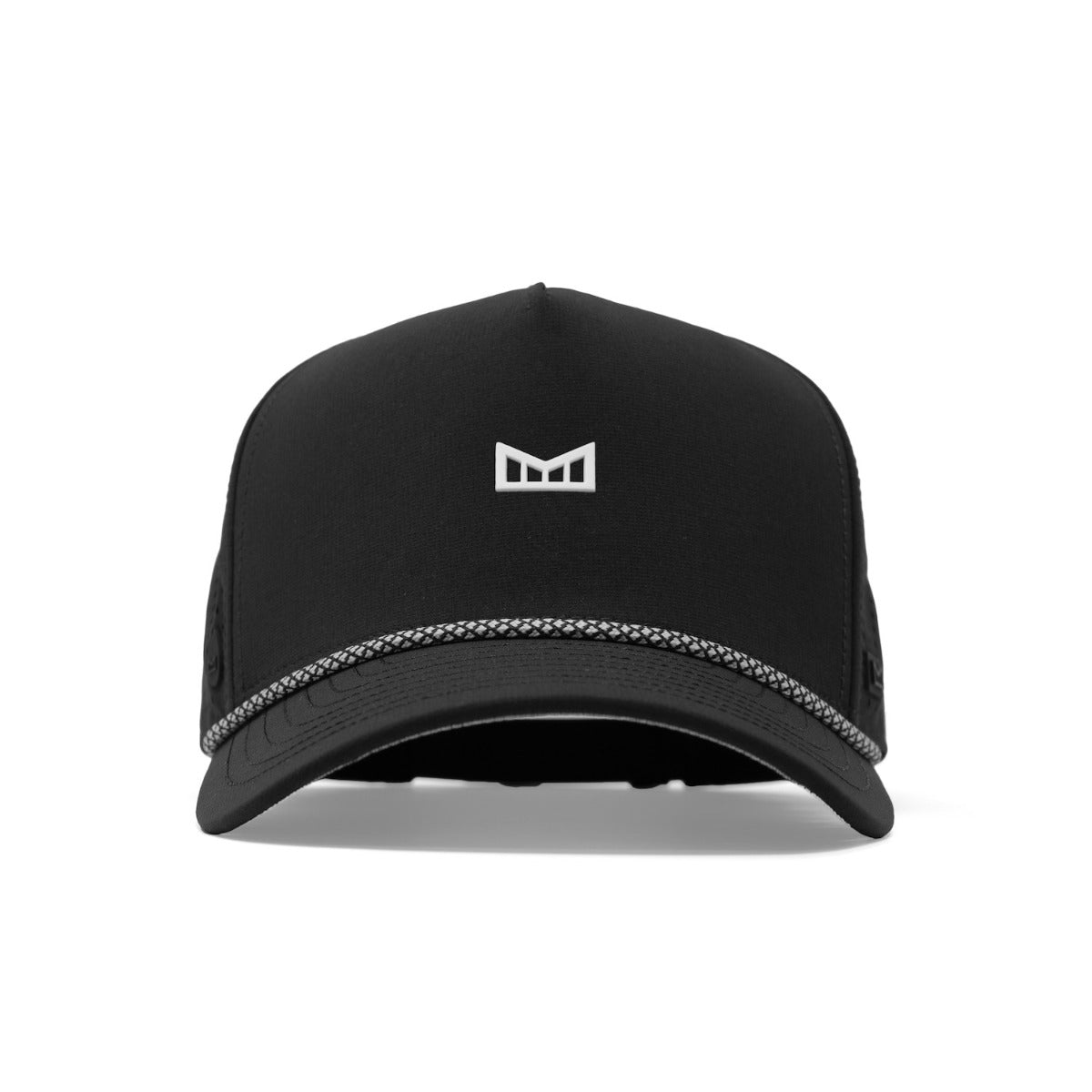 Hydro Odyssey Rope Bulls front view, Black cap with white geometric logo emblem on crown and checkered rope trim along