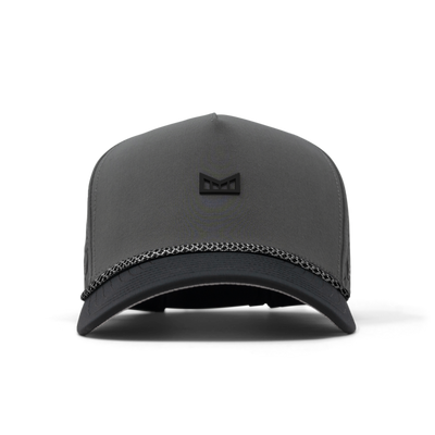 Close-up of Hydro Odyssey Rope Bulls Black Hat showing Black rope cap with gray crown, black bill, and small embroidered