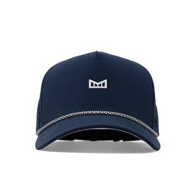 Close-up of Hydro Odyssey Rope Bulls Black Hat showing Navy cotton cap with white embroidered chevron logo, checkered rope