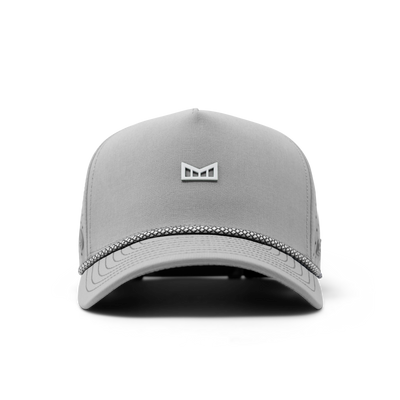 Close-up of Hydro Odyssey Rope Bulls Black Hat showing Light gray cap with small white geometric logo at crown, textured
