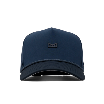 Close-up of Hydro Odyssey Rope Bulls Black Hat showing Navy mesh trucker cap with tonal geometric logo embroidered on front