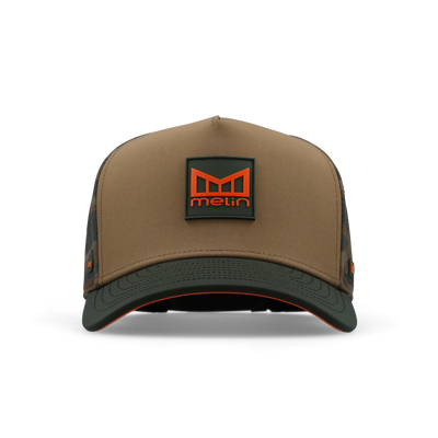 Back of Hydro Odyssey Stacked Black Camo Hat, Blank back with charcoal mesh panels and orange piping detail - Slowride Supply