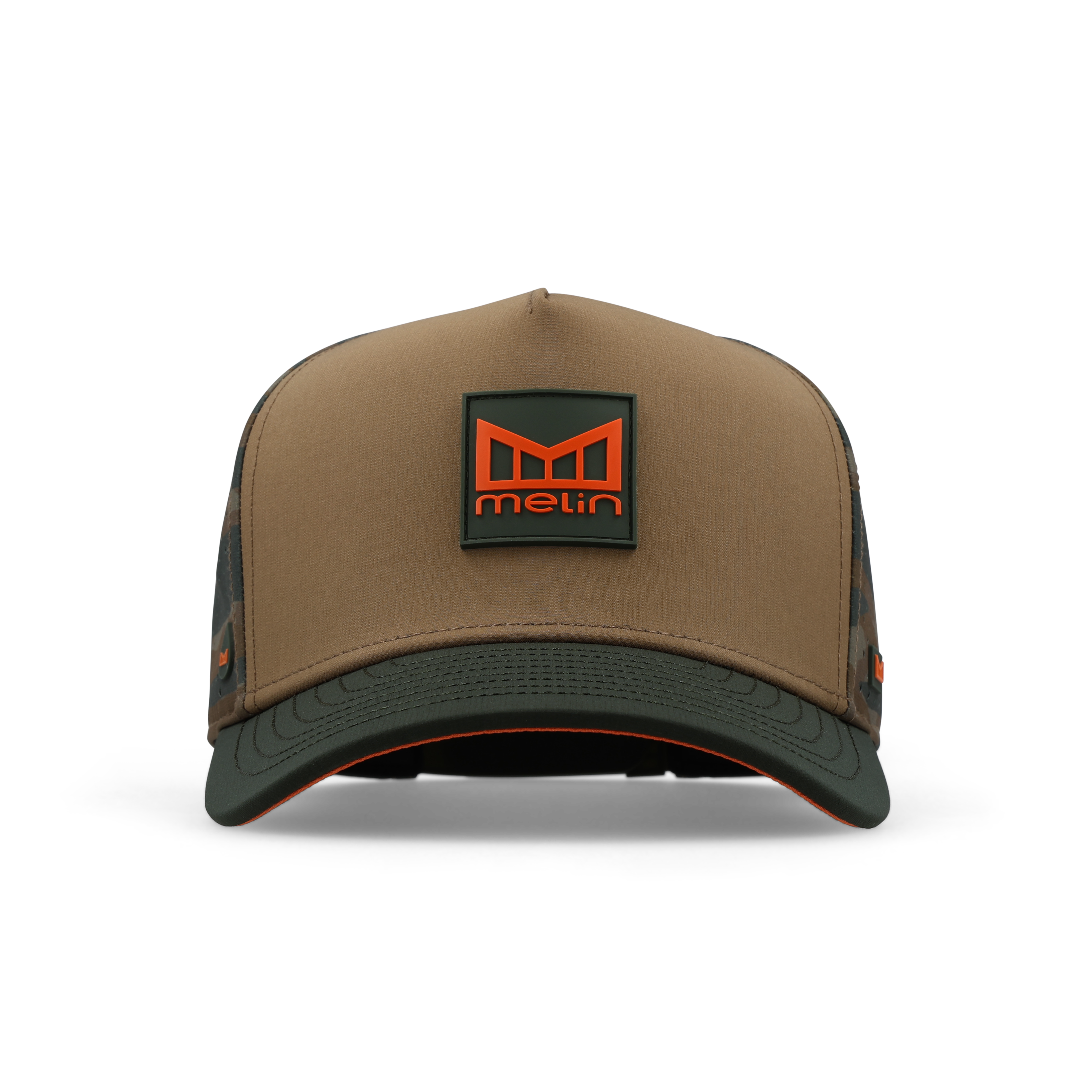 Back of Hydro Odyssey Stacked Black Camo Hat, Blank back with charcoal mesh panels and orange piping detail - Slowride Supply