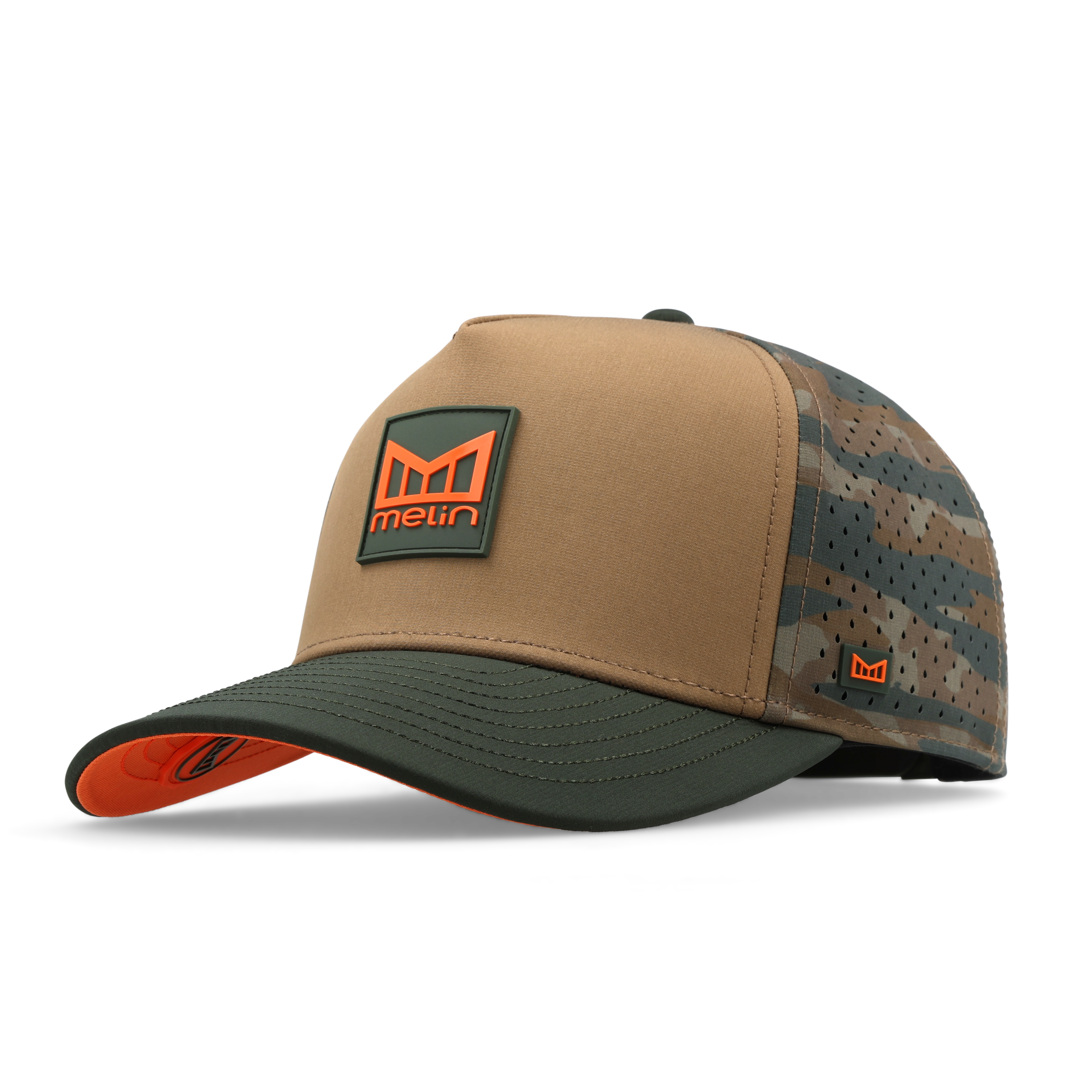 Hydro Odyssey Stacked front view, Tan front panel with orange and charcoal logo patch, charcoal perforated mesh back and