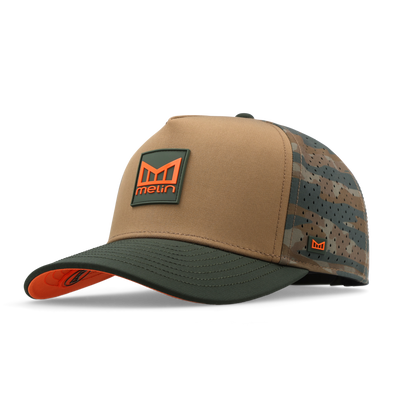 Hydro Odyssey Stacked front view, Tan front panel with orange and charcoal logo patch, charcoal perforated mesh back and