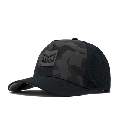 Close-up of Hydro Odyssey Stacked Black Camo Hat showing Black mesh side panel with perforated ventilation holes and dark