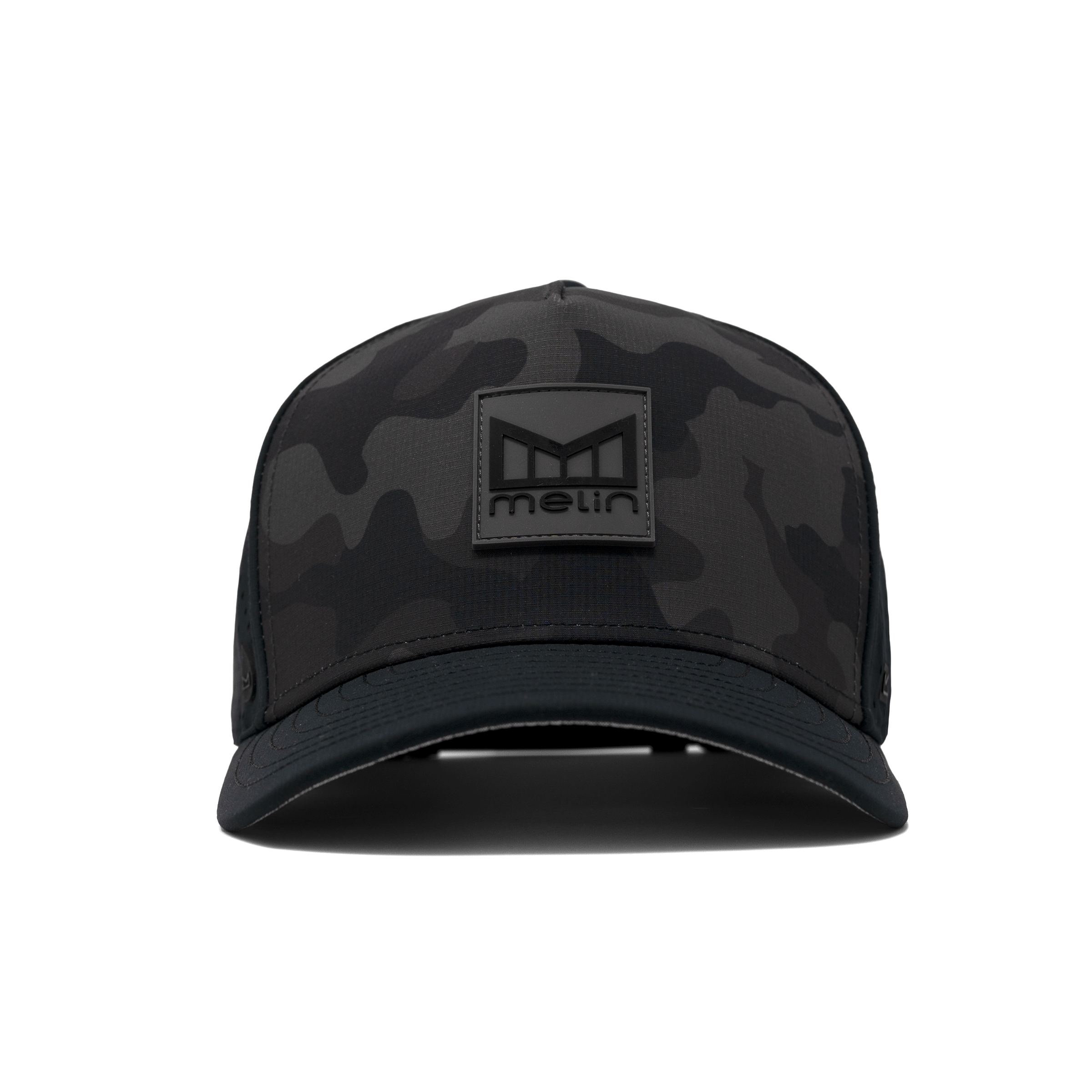 Close-up of Hydro Odyssey Stacked Black Camo Hat showing Black camouflage crown with tonal rubber logo patch and solid black