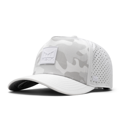 Close-up of Hydro Odyssey Stacked Black Camo Hat showing White camouflage pattern with embroidered logo patch and perforated