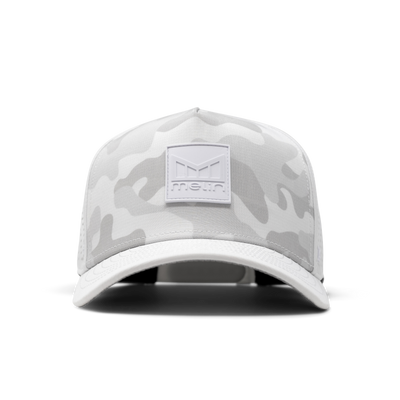 Close-up of Hydro Odyssey Stacked Black Camo Hat showing White and gray camouflage pattern with white visor and embroidered