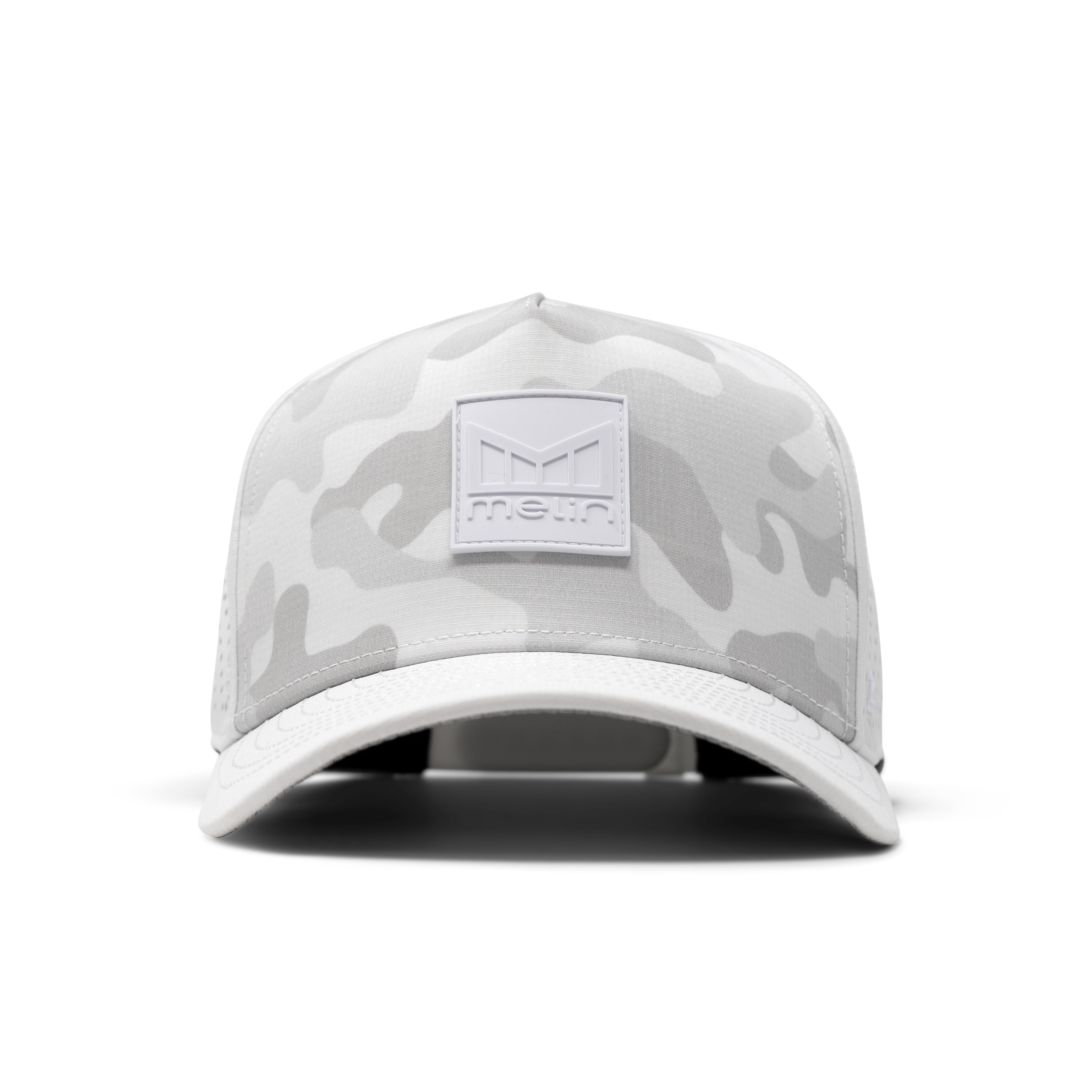 Close-up of Hydro Odyssey Stacked Black Camo Hat showing White and gray camouflage pattern with white visor and embroidered