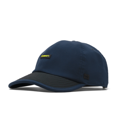 Back of Hydro the Legend MPH Black/iris/white Hat, Navy crown with black visor and small embroidered logo patch on side -