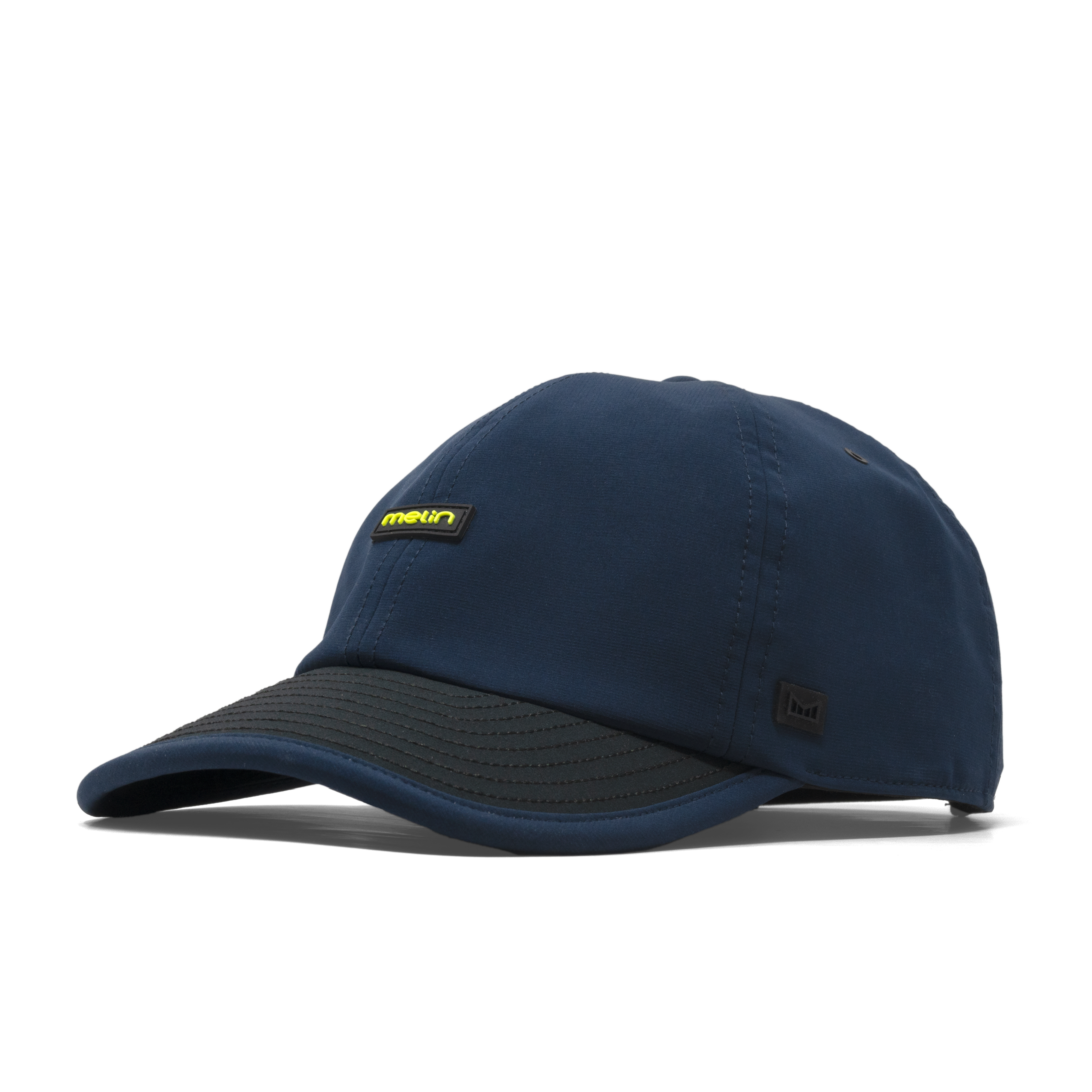 Back of Hydro the Legend MPH Black/iris/white Hat, Navy crown with black visor and small embroidered logo patch on side -