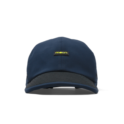 Hydro the Legend MPH front view, Navy crown with charcoal visor and yellow text label on front panel, Black/iris/white Hat -