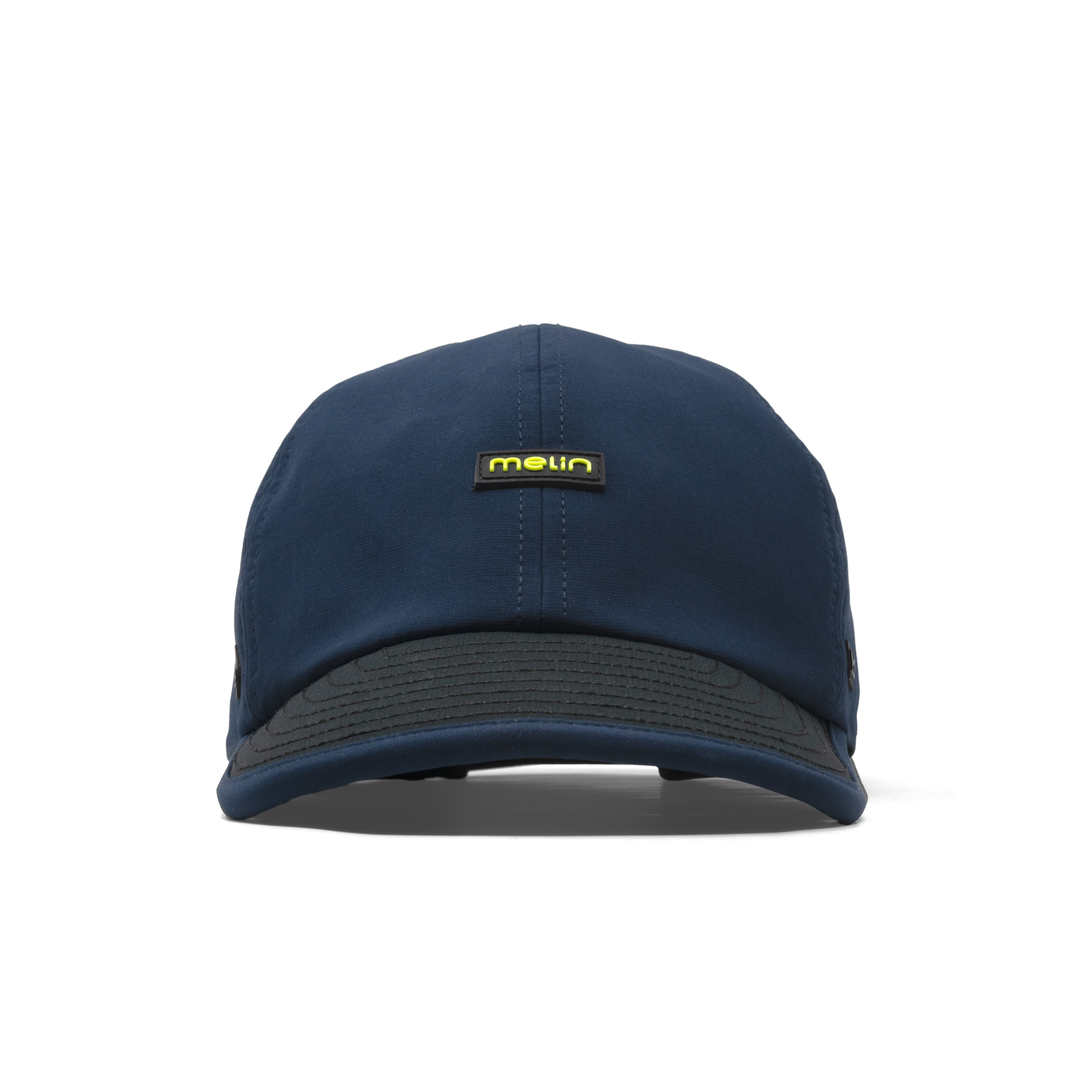 Hydro the Legend MPH front view, Navy crown with charcoal visor and yellow text label on front panel, Black/iris/white Hat -