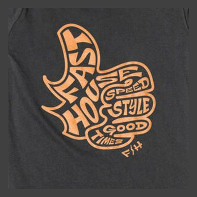 Back of Infant Satisfaction Onesie Kids Black Kids Tee, Charcoal with orange thumbs-up graphic and "Speed Style Good Times"