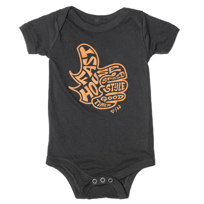 Infant Satisfaction Onesie Kids front view, Charcoal gray with orange thumbs-up graphic reading "speed style good times,