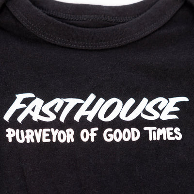Back of Infant Sprout Onesie Black Onesie, Black with white italic "Fasthouse" text and white "Purveyor of Good Times"