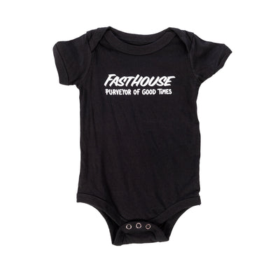 Infant Sprout Onesie front view, Black with white italic "Fasthouse" text and "Purveyor of Good Times" subtitle, Black