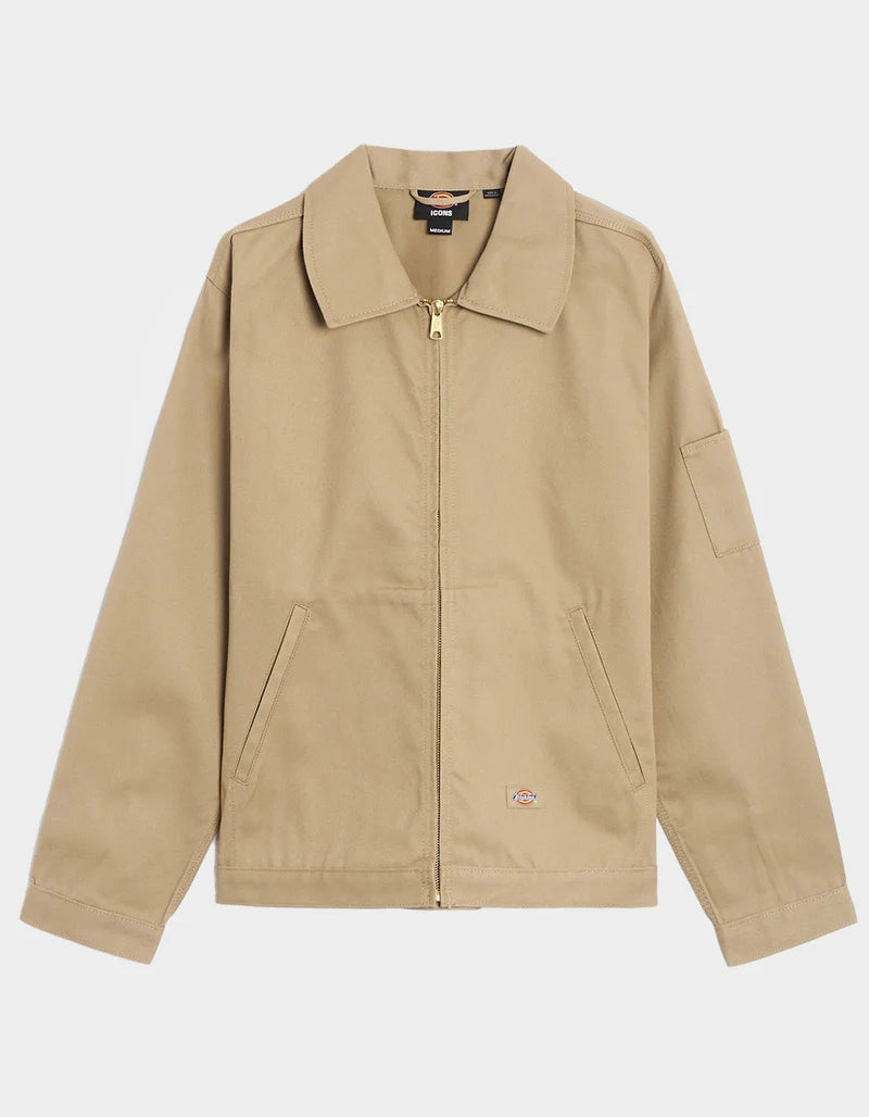 Insulated Eisenhower front view, Khaki cotton work jacket with spread collar, full front zip, and dual chest pockets with