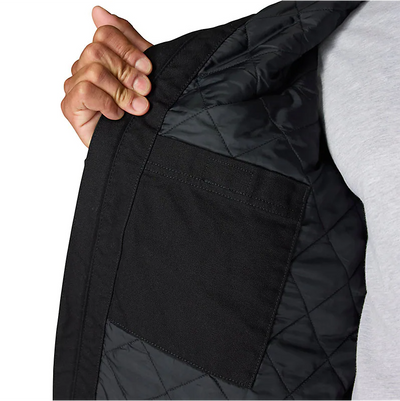 Person wearing J130 Washed Duck Insulated Active Moss Jacket, Hand gripping open jacket pocket against white background -