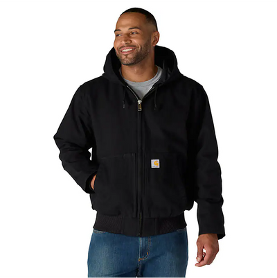 Person wearing J130 Washed Duck Insulated Active Moss Jacket, Man wearing black jacket against neutral white background