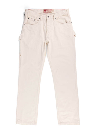 Jasper Denim Pant Pants front view, Cream five-pocket denim with dark rivet details and side cargo pockets, White Pants -
