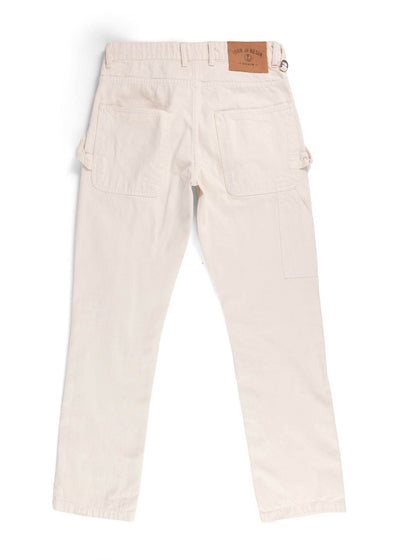 Close-up of Jasper Denim Pant Pants White Pants showing Cream denim with contrast topstitching, visible rear patch pockets,