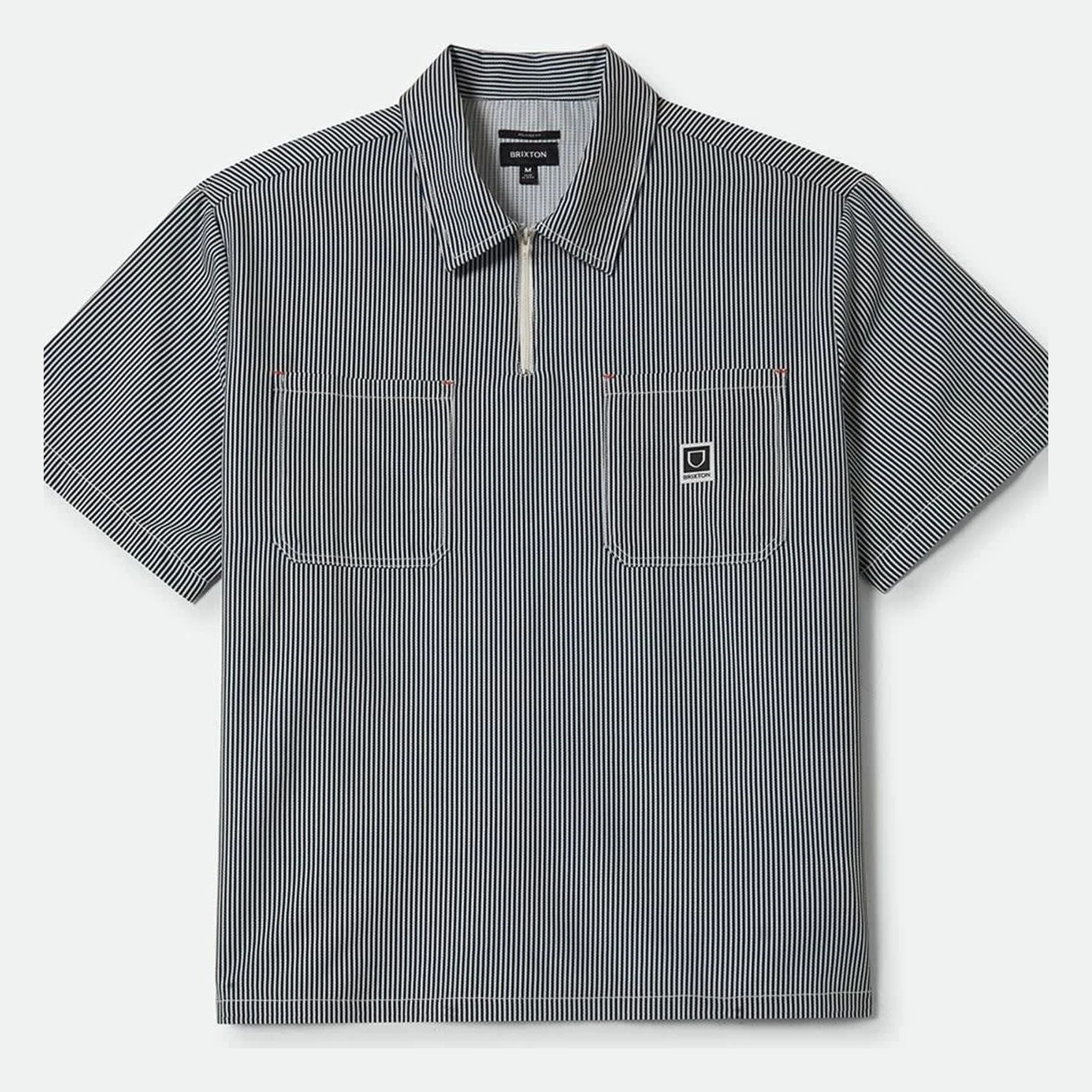 Journey LW SS Woven Navy/white Stripe S/S Woven front view, Navy and white vertical stripe with small embroidered square