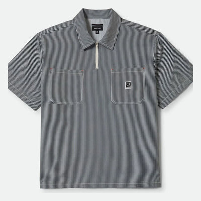 Journey LW SS Woven Navy/white Stripe S/S Woven front view, Navy and white vertical stripe with small embroidered square