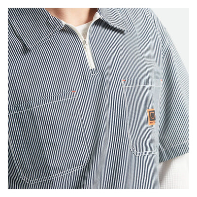 Close-up of Journey LW SS Woven Navy/white Stripe S/S Woven S/S Woven showing Navy and white vertical striped fabric with