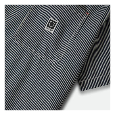 Close-up of Journey LW SS Woven Navy/white Stripe S/S Woven S/S Woven showing Navy and white diagonal striped woven fabric