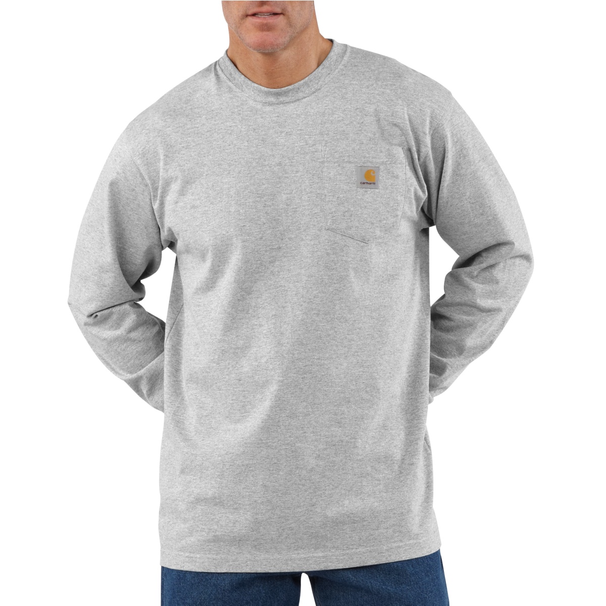 K126 Long-sleeve Pocket T-shirt front view, Heather gray with small gold square logo patch on chest pocket, Black L/S Tee -